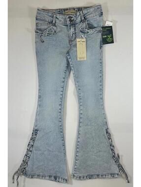 Y2K Style Light Wash Flare Jeans Lace-Up Sides Juniors